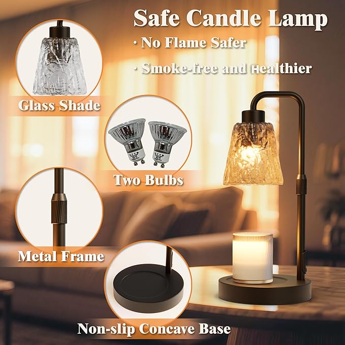 Black Candle Warmer Lamp with Timer, Height Adjustable Dimmable Candle Lamp Warmer for Jar Candles, Modern Wax Melts Warmer, Table Lamp for Home Living Bedroom Farmhouse