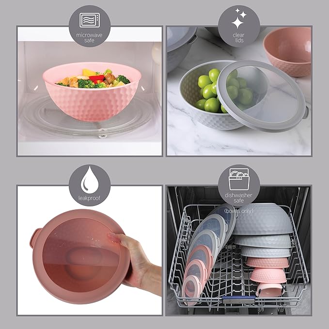 COOK WITH COLOR Mixing Bowls with Lids - 12 Piece Plastic Nesting Bowls Set includes 6 Prep Bowls and 6 Lids, Non Slip Bottom and Embossed Design - Microwave Safe (Pink)