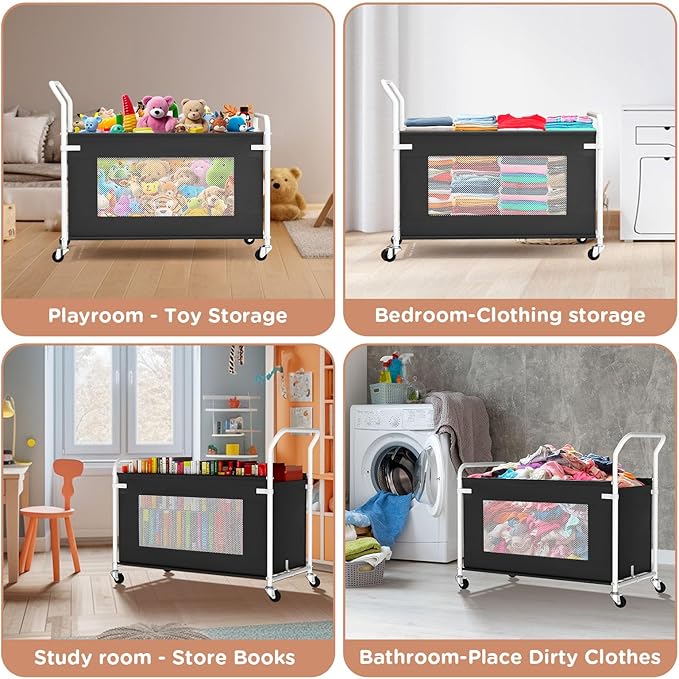 KEEGH Extra Large Toy Box for Kids with 360° Rotating Wheels, Heavy Duty Toy Chest for Boys and Girls, Toy Storage Organizer for Kids, Toy Bins for Living Room, Nursery, Bedroom(Black)