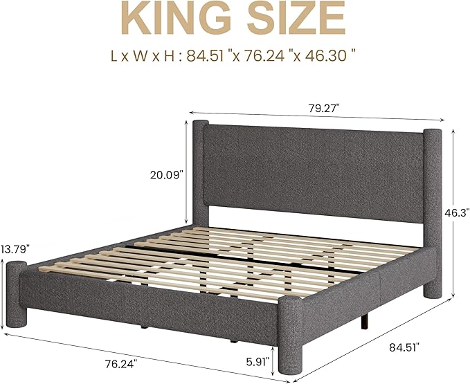 King Size Bed Frame, Boucle Upholstered Platform Bed with Headboard and Footboard, Soft Rounded Corners, No Box Spring Required, Easy Assembly, Dark Grey
