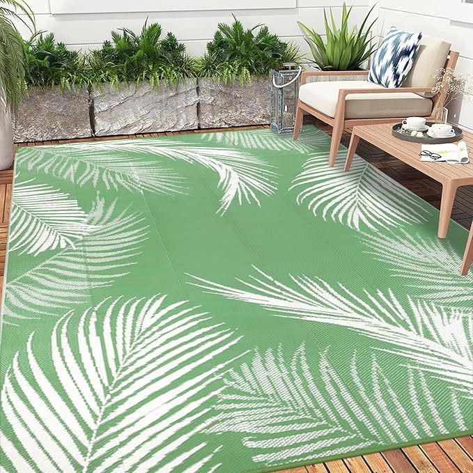 Pauwer Waterproof Outdoor Rug 9x12, Reversible Plastic Straw Patio Camping Rug, Indoor Outdoor RV Mat Carpet for Deck, Camper, Porch, Balcony, Backyard, Picnic, Leaf Green