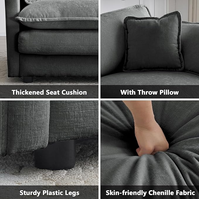 mikibama Luxury Loveseat Sofa Couch, 76" Modern Chenille Deep 2-Seater Cloud Couch with 2 Armrest Pillows and 2 Toss Pillows, Love Seat for Living Room Bedroom Office Apartment, Grey