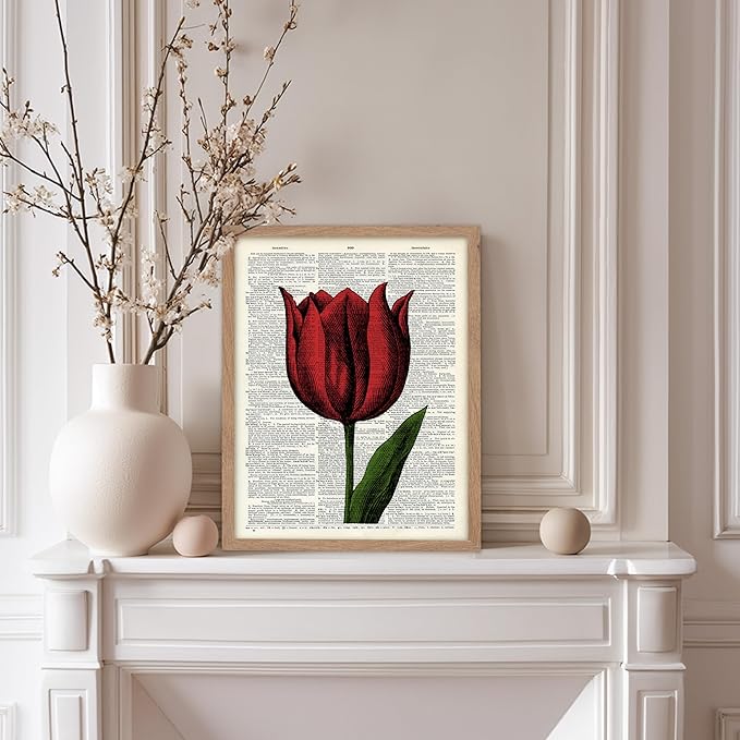 Poster Master Dictionary Art Poster - Tulip Print - Red Flower Art - Floral Art - Gift for Men, Women & Florist - Minimal Decor for Living Room, Bedroom, Dorm or Flower Shop, 8x10 Beige Framed