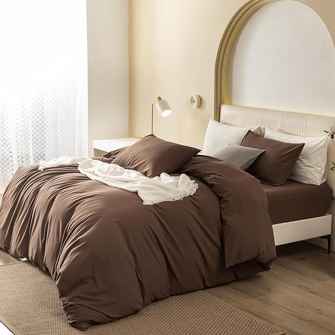 JIYUAN 100% Washed Cotton Duvet Cover Set 3 Pieces Full, 1 Duvet Cover 80x90 Inches(Comforter Not Included) and 2 Pillowcases,Linen Feel Bedding Set Comfy and Breathable,Chocolate Brown