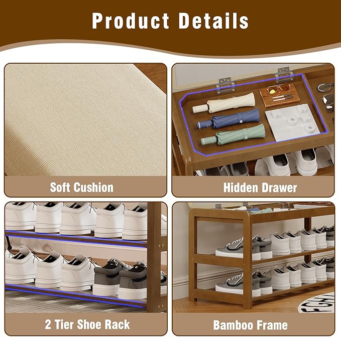 2-Tier Bamboo Shoe Bench with Cushion and Hidden Drawer, Entryway Shoe Rack Organizer with Storage for Hallway, Bedroom, Front Door, Mudroom Seating Bench, Walnut