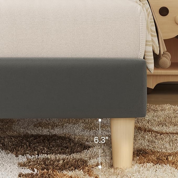 Twin Bed Frame, Platform Bed Frame with Velvet Upholstered Headboard, No Box Spring Needed, Sturdy Metal Support, Noise Free, Easy Assembly, Modern Bedroom Furniture, Grey