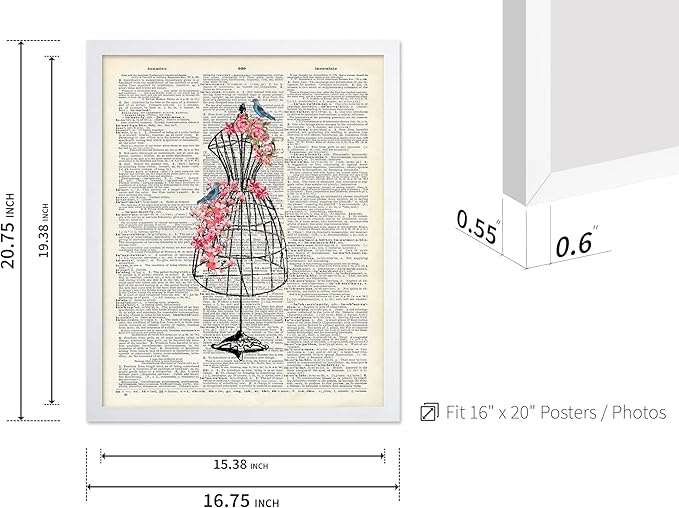 Poster Master Dictionary Art Poster - Mannequin Print - Sewing Art - Flower Art - Fashion Art - Gift for Men, Women & Dressmaker - Chic Decor for Living Room, Dorm or Office, 16x20 White Framed