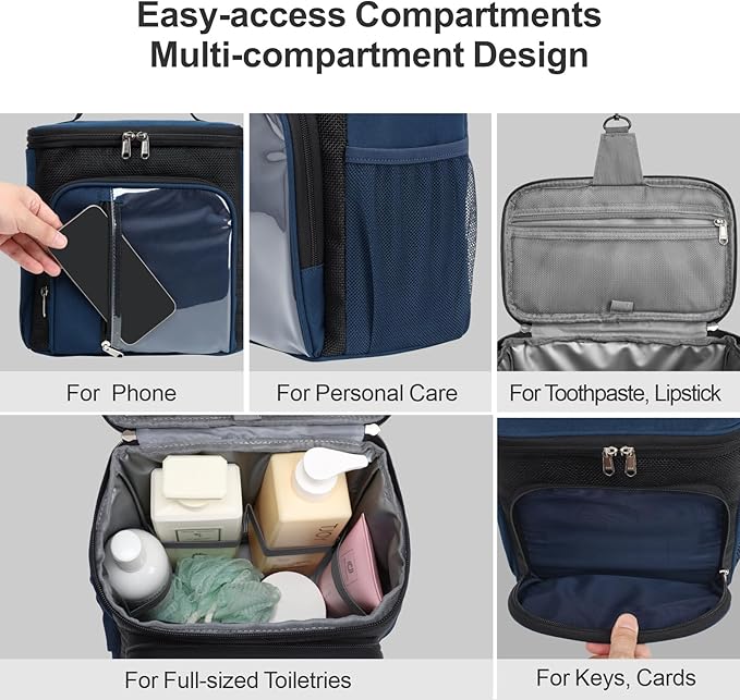 F-color Hanging Shower Caddy Portable - College Dorm Essentials for Guys with Hooks, Quick-Dry Shower Bag for Dorm Travel Gym Camping Essentials, Water-Resistant with Multiple Pockets, Dark Blue