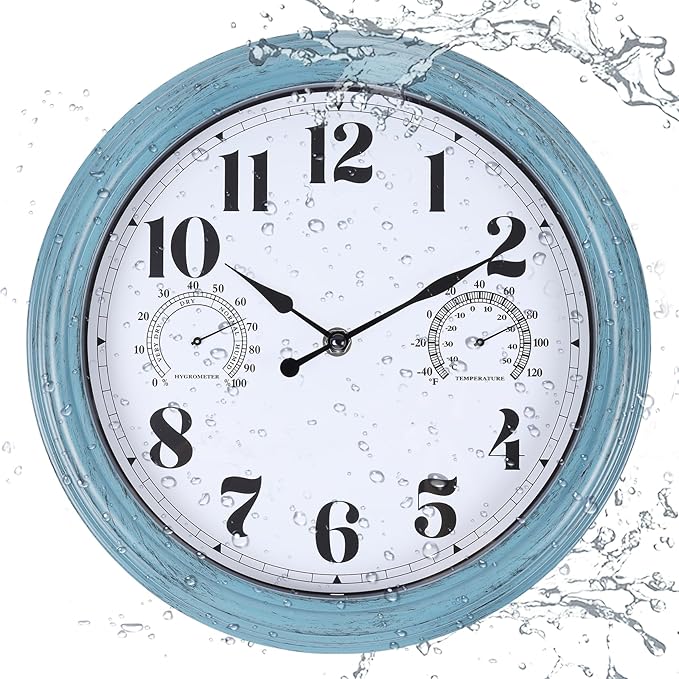 12 inch Outdoor Wall Clock, Plastic Waterproof Outdoor Clock with Temperature & Humidity, Water Resistant Wall Clocks for Patio Garden, Green