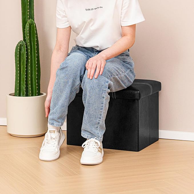 B FSOBEIIALEO Folding Storage Ottoman, Faux Leather Footrest Seat Coffee Table Toy Chest Kids, Black 16.5"x12.6"x12.6"