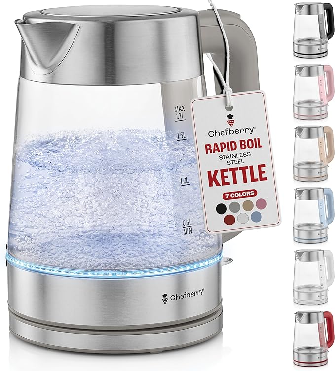 Electric Kettle for Boiling Hot Tea & Water | 1.8L Stainless Steel Borosilicate Glass Boiler With No Plastic, Automatic Shutoff, BPA Free, Fast Heating Technology