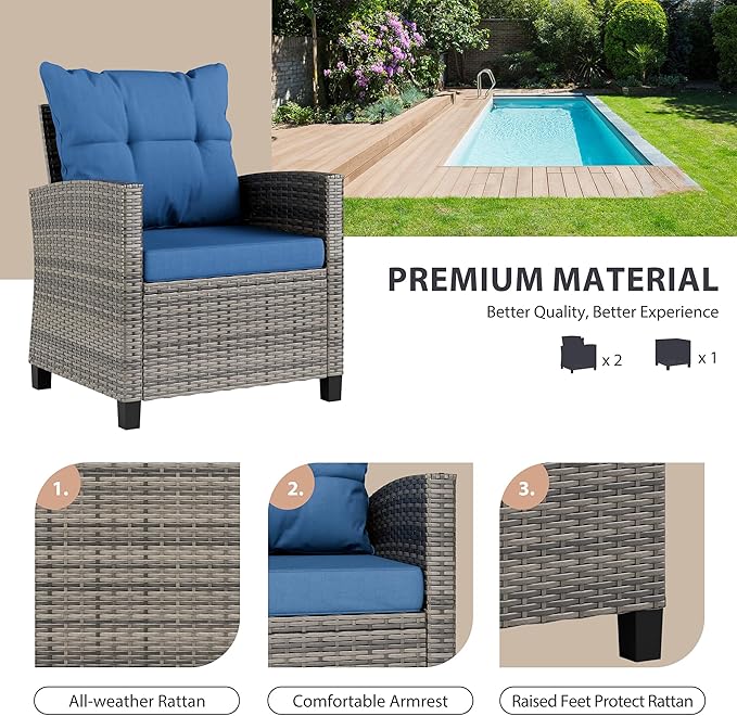 Vongrasig 3 Piece Patio Furniture Set Small Outdoor Wicker Rattan Front Porch Bistro Set Cushioned Patio Chairs Conversation Set with Glass Table for Lawn, Garden, Backyard, Balcony, Poolside (Blue)