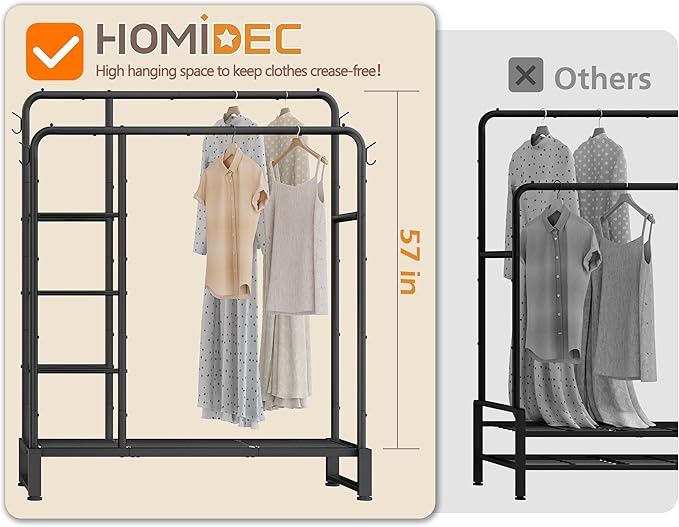 Double Rods Clothes Rack Clothing Rack with 4 Tier Storage Shelves Clothes Rack for Hanging Clothes Multifunctional Heavy Duty Clothes Organizer with Hooks for Bedroom,Wardrobe Closet,Shop,Black