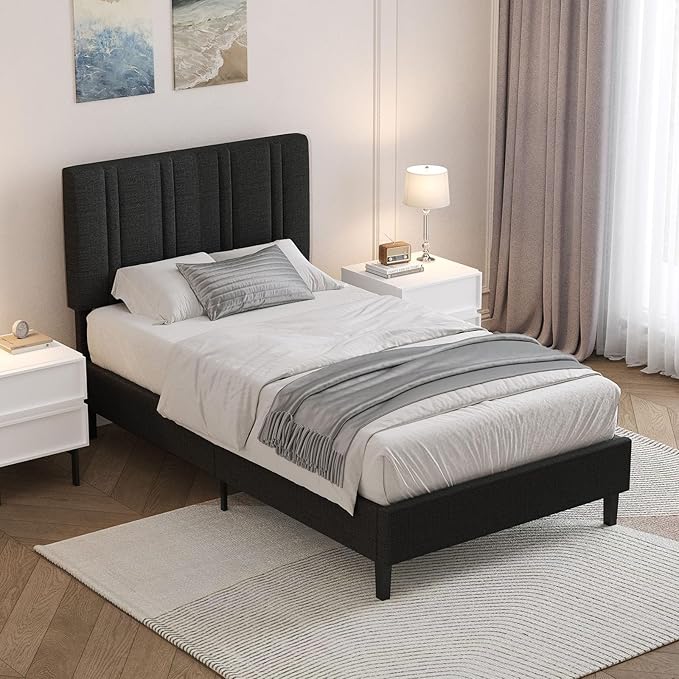 Twin Bed Frame, Upholstered Platform Bed with Button Tufted Headboard, Black Bed Frame Twin Size for Kids Girls Boys, No Box Spring Required, Easy Assembly, Black