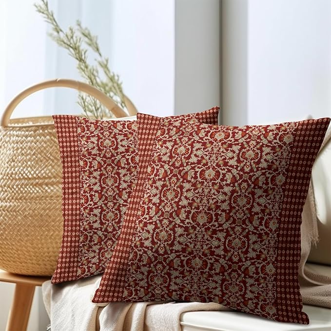 Kawani Red Antique Pillow Covers 20x20 Inch Vintage Floral Block Print Decorative Throw Pillows Set of 2 Retro Turkish Pillowcases for Couch Indoor Outdoor Home Decor