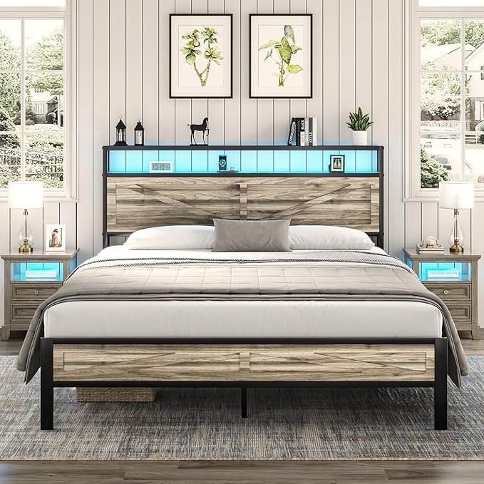 Queen Bed Frame with Headboard, Queen Bed Frames with Outlets and LED Lights, Rustic Bed Frame with Storage Headboard, Farmhouse Barn Door Design, Noise Free, No Box Spring Needed, Wash Grey