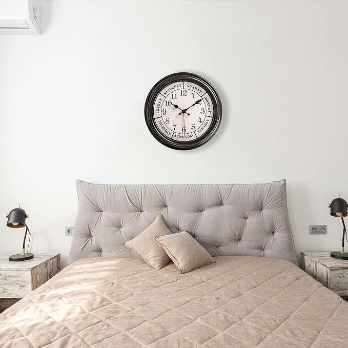 zyzamay 12 Inch Retro Wall Clock,Classic Day of The Week Wall Clock,Easy to Read,Non-Ticking Round Classic(Black Gold)