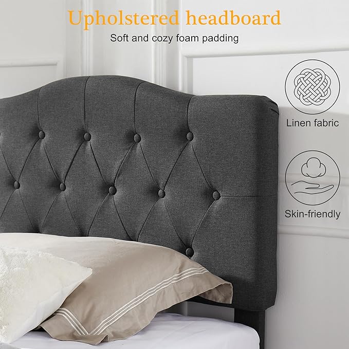 VECELO Twin Size Bed Frame Upholstered Platform with Tufted Adjustable Headboard/Mattress Foundation with Wood Slat Support, Easy Assembly,Grey