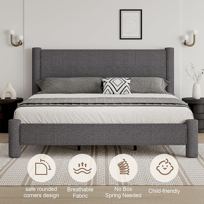King Size Bed Frame, Boucle Upholstered Platform Bed with Headboard and Footboard, Soft Rounded Corners, No Box Spring Required, Easy Assembly, Dark Grey