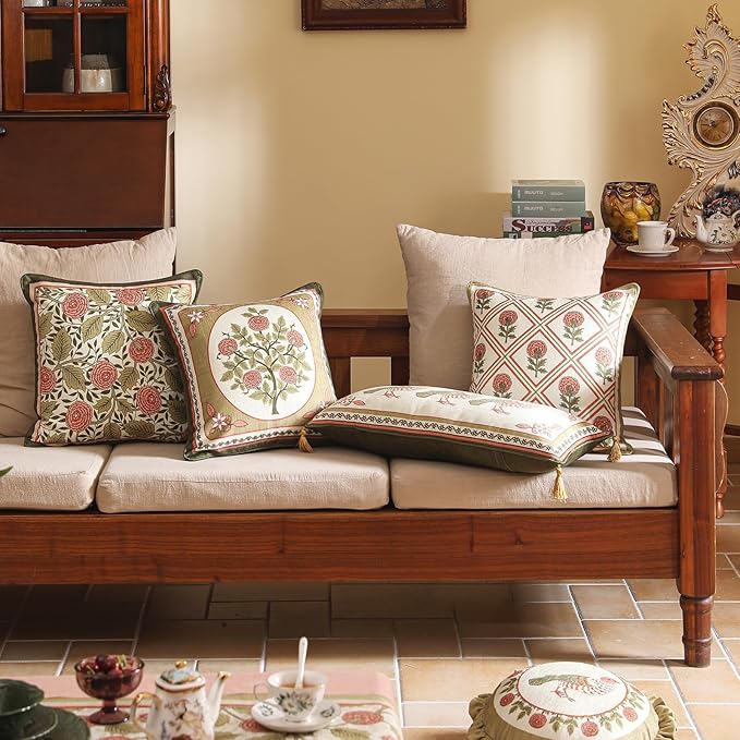 Throw Pillow Covers Pack of 4,Brown Cozy Velvet Farmhouse with Birds and Floral Pattern Pillowcases,Decoration Square Round Lumbar Pillows Cushion Covers for Couch Sofa Bed Car Chair