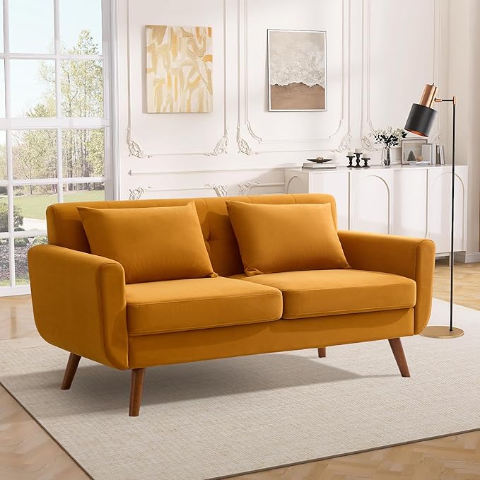 Tbfit 65" W Loveseat Sofa, Velvet Mid Century Modern Love Seat Couches for Living Room, Button Tufted Upholstered Small Couch for Bedroom, Solid and Easy to Install Love Seats Furniture, Yellow