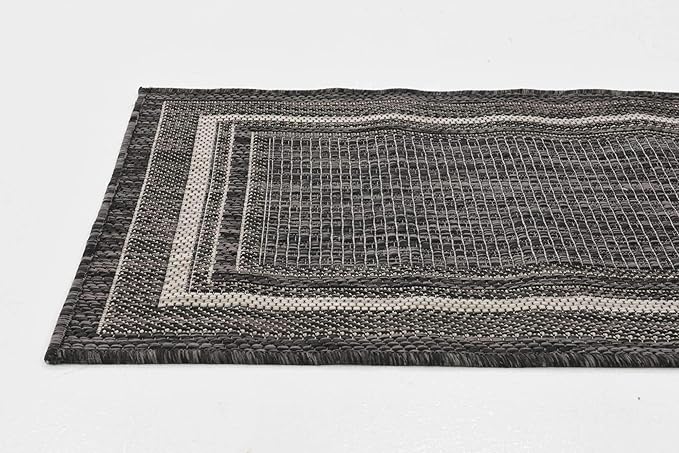 Unique Loom Outdoor Border Collection Area Rug - Soft Border (2' x 6' 1" Runner, Black/ Ivory)