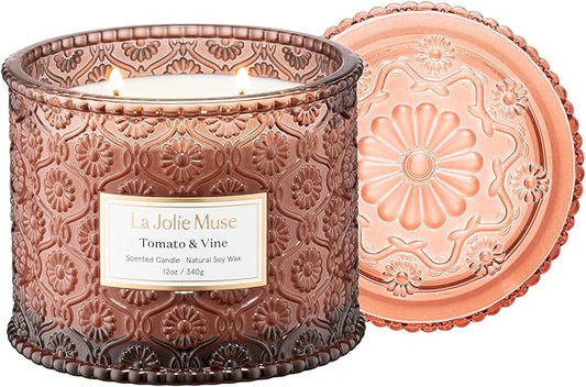 LA JOLIE MUSE Tomato & Vine Scented Candle, Candles for Home Scented, Large 2-Wick Soy Candles, Luxury Jar Candle Gifts for Women & Men, 60 Hours Long Burning, 12oz