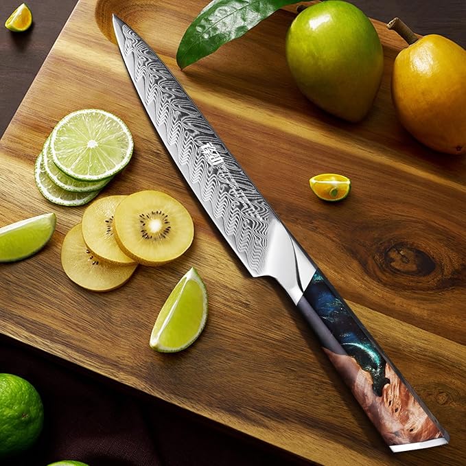 FINDKING Nebula Series Kitchen Utility Knife with ABS Sheath, Versatile Small Petty Knife, 10Cr15CoMov Damascus Blade, Resin and Figured Sycamore Handle, Full Tang, 5 Inch, Blue, for Fruit, Steak