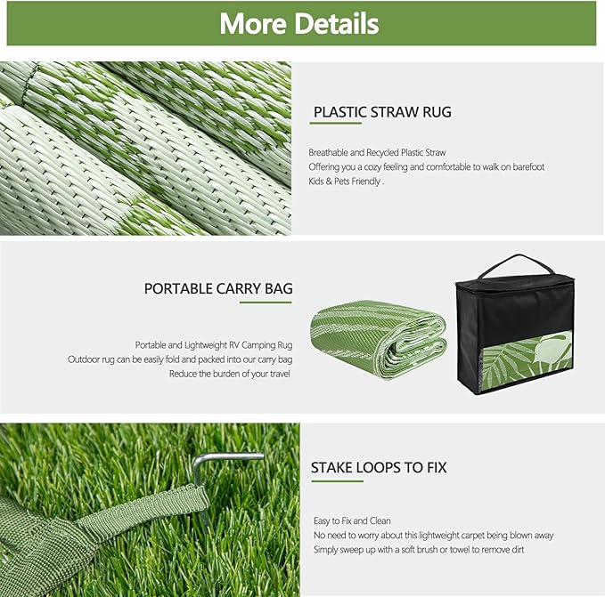 Waterproof Outdoor Rug 6x9 ft, Reversible Plastic Straw Mat with Leaf Pattern, Large Floor Mat for Patio, Camping, Picnic, Backyard RV, Deck, Light Green