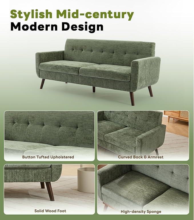 Tbfit 77.2" W Linen Sofa Couch, Mid Century Modern Decor Loveseat Couches for Living Room, Button Tufted Upholstered Small Couch for Bedroom, Solid, and Easy to Install Love Seats Furniture, Green