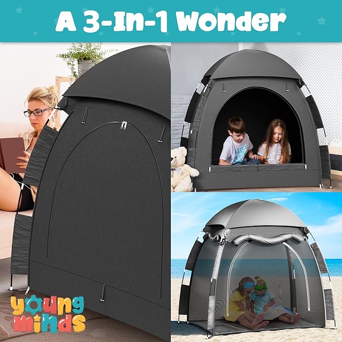 YoungMinds Blackout Baby Crib Tent - Waterproof Sleep Pod Fits for Travel Pack and Play, Milk Silk Fabric, Kids Black Out Cover Mosquito Net Tent with Toy Holder, Pack N Play Canopy Blocks 100% Light