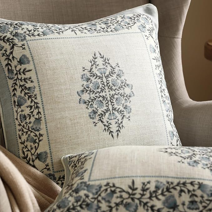 Design Linen Square Throw Pillow Covers 18"x18" Pack of 2, Cottage Farmhouse Cushion Covers with Blue Grey Thorn Vine Pattern Decoration Pillowcases for Bed, Living Room, Outdoor, Car