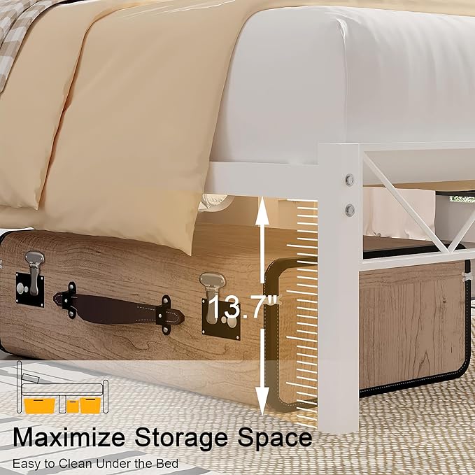 VECELO Twin Size Bed Frame with Headboard, Heavy-Duty Platform Bedframe with Metal Slats Support, No Box Spring Needed, Easy Assembly, White & Natural