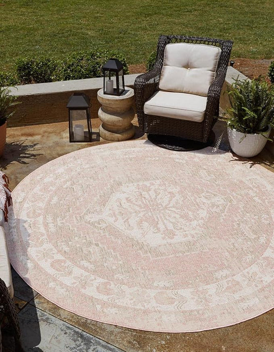 Unique Loom Outdoor Traditional Collection Area Rug - Valeria (13' Round Pink/Ivory)