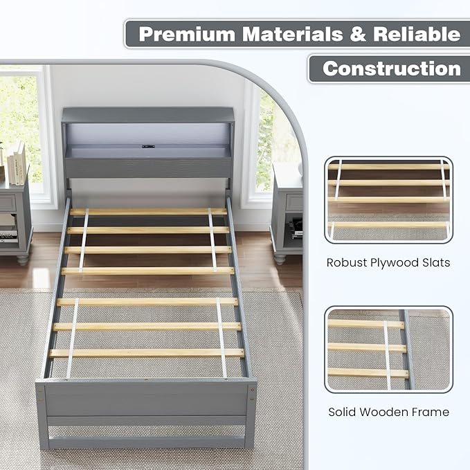 KOMFOTT Twin Size Wood Platform Bed Frame with Charging Station & LED Light, Platform Bed with Storage Headboard & 12” Under-Bed Space, No Box Spring Needed Bed Base, Wood Mattress Foundation (Grey)
