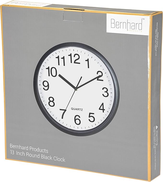 Bernhard Products Black Wall Clock, Large 13-Inch Silent Non Ticking Quartz Battery Operated Round Easy to Read Classroom/Home/School/Office Clock