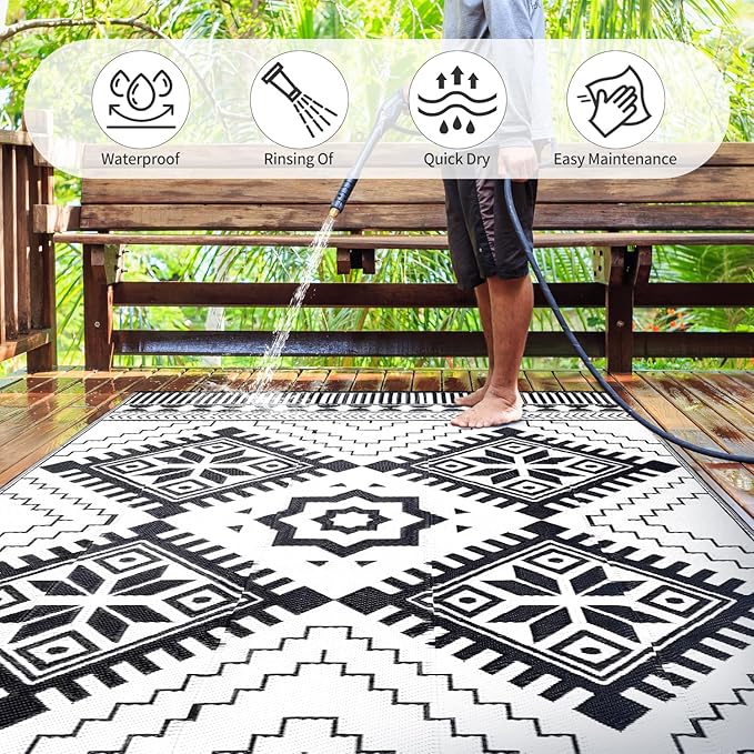 Waterproof Outdoor Rug 6x9ft, Boho Reversible Plastic Straw Mat for Patio RV Deck Porch Backyard Balcony Camping Picnic Beach Indoor Outdoor Carpet, Black&White