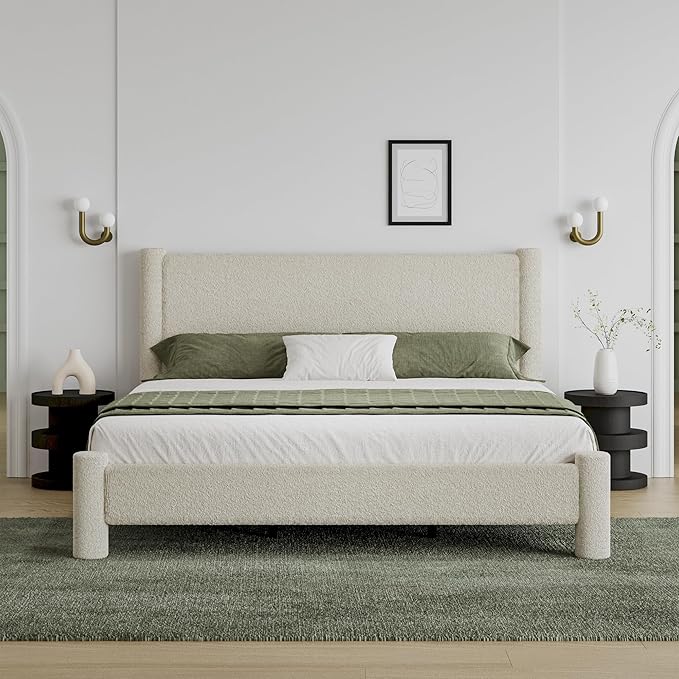 King Size Soft Bed Frame, Boucle Bed Frame with Headborad, Upholstered Platform Bed Frame with Rounded Corners, No Box Spring Required, Easy Assembly, Cream