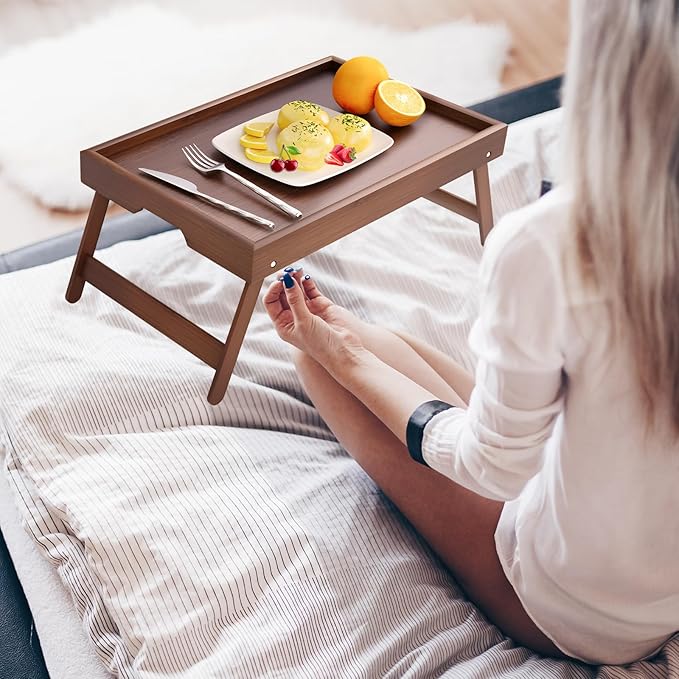 Bamboo Bed Tray Table with Foldable Legs Breakfast Tray, Lightweight Laptop Desk for Eating, Reading, Working in Bed or Sofa – Portable Lap Desk with Handles, Perfect for Home - Brown