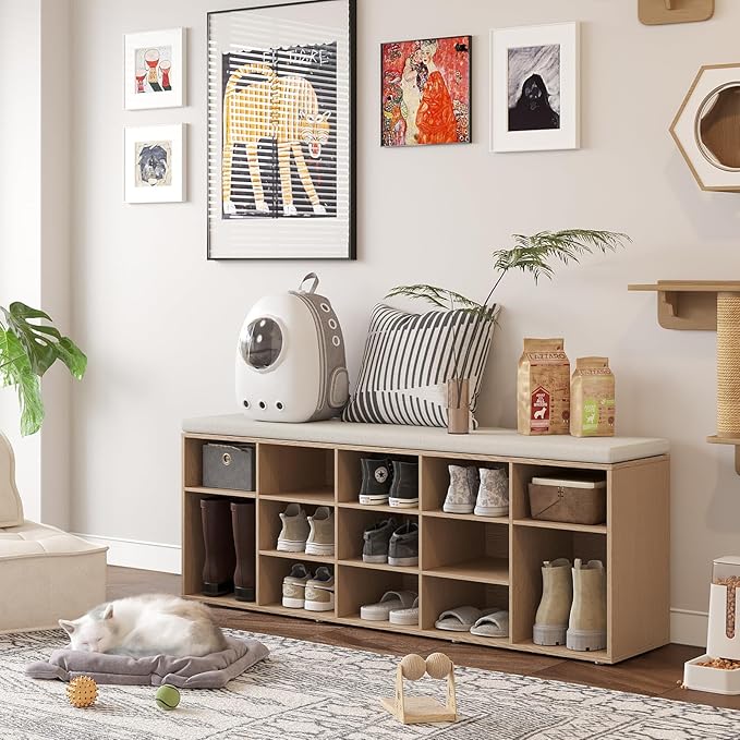 DINZI LVJ Shoe Storage Bench with Cushion, 15-Cubby Shoe Rack, Adjustable Shelves, Long Shoe Organizer Bench for Entryway, Mudroom, Hallway, Living Room, Bedroom and Garage, Natural