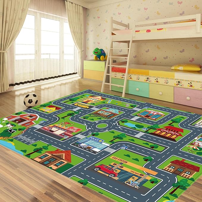 Kids Carpet Playmat, Kids Rug for Playroom Car Mat Town City Road Map Playmat, Extra Large Boys Kids Car Track Play Rug Bedroom, Living Room (Style Four, 110.2 X 78.7 INCH)