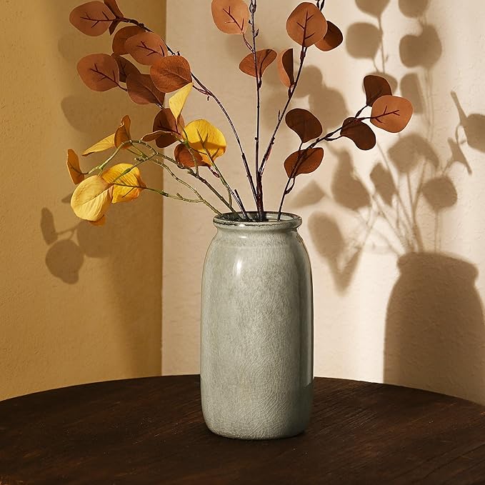 VICTOR & TERESA Rustic Green Vase for Home Decor, Ceramic Vases for Flowers, Modern Farmhouse Decorative Vases for Pampas Grass,Table Accent, Mantel, Living Room,Bookshelf, Centerpieces, 8''