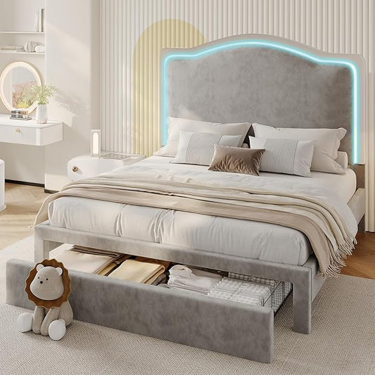 Jocisland Twin Bed Frame with 51" Tall & Thick Adjustable Headboard, Storage Drawer, RGB LED Lights, No Box Spring Needed, Velvet Upholstered, Grey