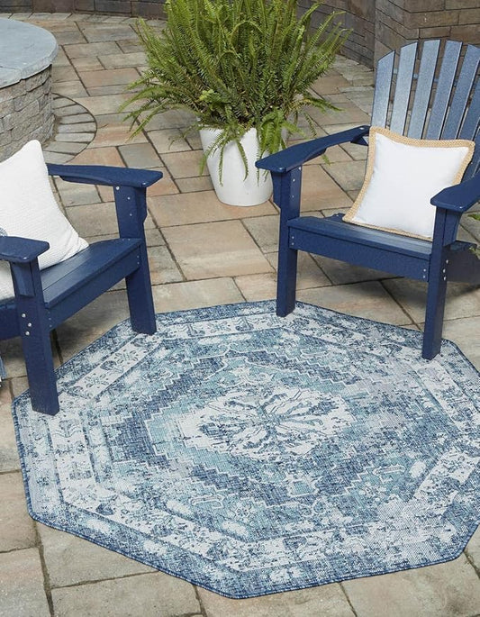 Unique Loom Outdoor Traditional Collection Area Rug - Valeria (5' 3" Octagon, Blue/ Ivory)