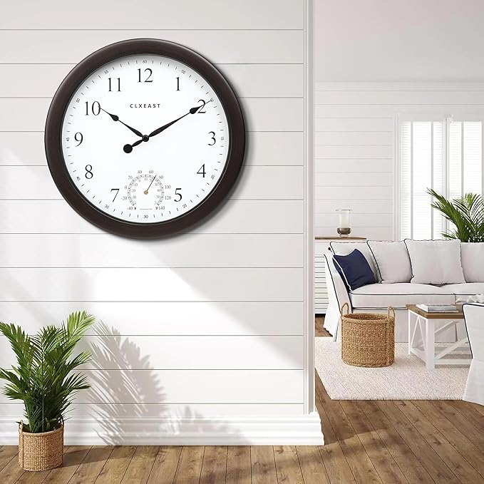 CLXEAST 10.4 Inch Indoor Outdoor Clocks Waterproof,Outdoor Clock with Temperature for Bathroom,Patio, Pool,Kitchen,Oil Rubbed Bronze Black Finish,House Warming Gifts New Home