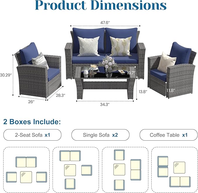 Solaste 4 Piece Outdoor Patio Furniture Set, Outdoor Sectional Sofa with Tempered Glass Coffee Table and Cushions, Wicker Rattan Patio Set for Backyard, Front Porch, Balcony, Navy