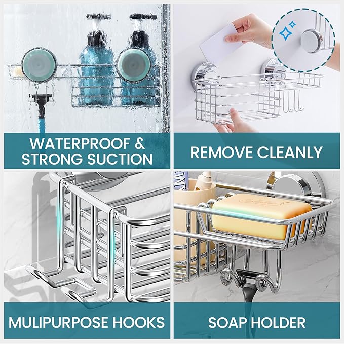 TAILI Shower Caddy Suction Cup with Hooks & Soap Holder, Heavy Duty Bathroom Shower Organizers, Removable Shower Shelves for Inside Bathroom,Stainless Steel Silver Basket