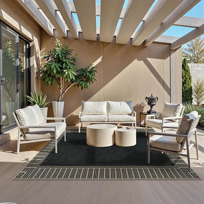 OJIA Easy Jute Outdoor Rug 8x10, Large Patio Rug Washable Area Rugs for Living Room Farmhouse Indoor Outdoor Carpet Striped Border Modern Non-Slip Black Rug for Bedroom Backyard Office Decor