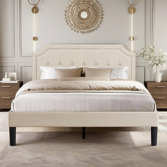 VECELO Queen Upholstered Platform Bed Frame with Adjustable Button Stitched Panel Headboard,Strong Wood Slat Support,Velcro Design,Mattress Foundation/Easy Assembly,Beige