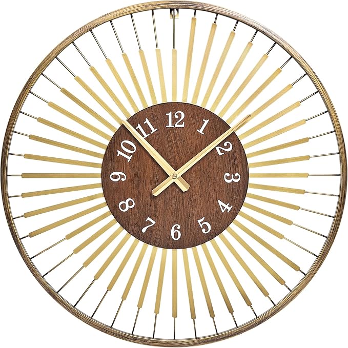 24 Inch Mid-Century Modern Wall Clock, Round Frame Metal Design with Walnut Wood Center, Silent Quartz Movement, Gold-Tone Accents – Decorative Wall Clock for Living Room, Bedroom, and Office